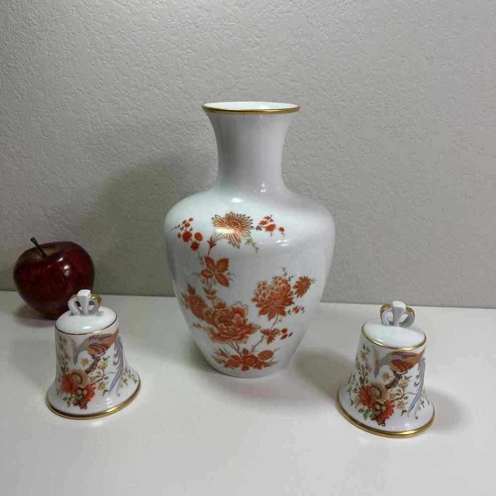 Kaiser Lot Vase & Bells Matching Set Vintage Porcelain Home Decor Flowers